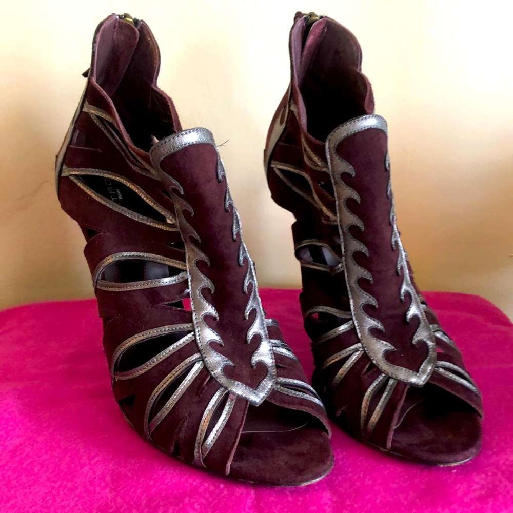 Vintage Y2K Etro by Peter Dundas Merlot & Silver Peep Toe Heels Sz8.5